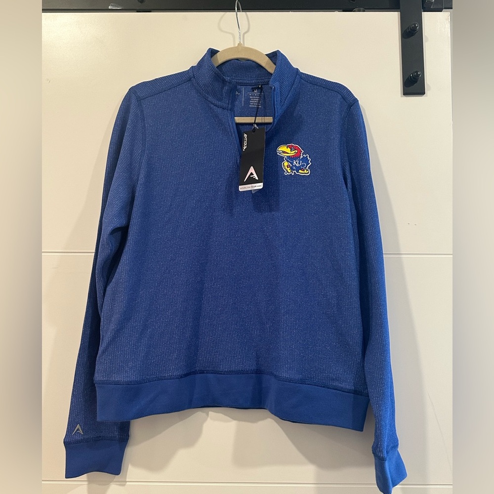 NWT Antigua Kansas Jayhawks Knit Quarter Zip - Blue